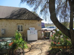 The Overland Corner Hotel showing the 1956 flood level on the wall.