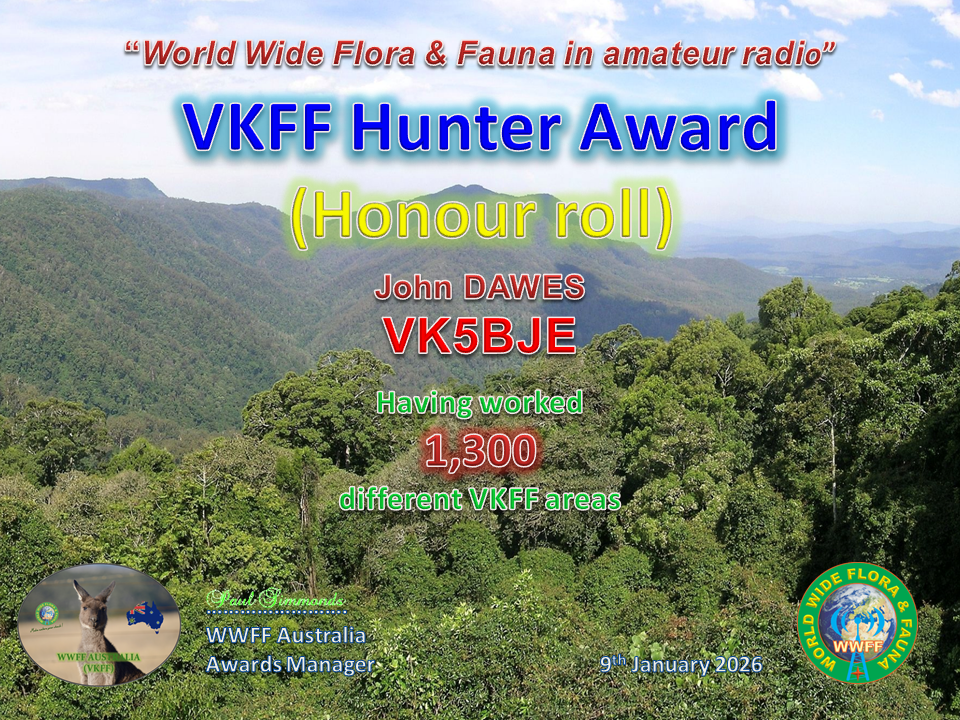 I was pleased t receive this award soon after the one before. The bands were alive in 2025, but it is a different story now. I am finding it very difficult if not impossible to work stations in New South Wales and Victoria in daylight. There seems to have been plenty of action on the sun, flares and storms, often generating auroras and beautifal skies but challenging conditions for HF radio operators.